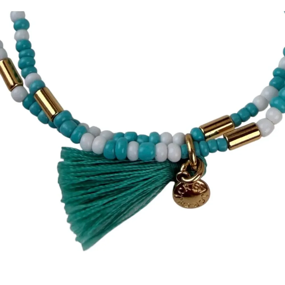 J.Crew 3-In-1 Strand Cowrie Shell Turquoise White Bead Tassel Bracelet Gold